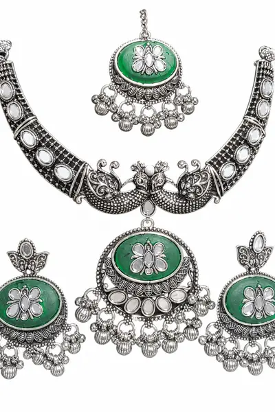 Women's Oxidised Green Peacock Necklace Set with Earrings