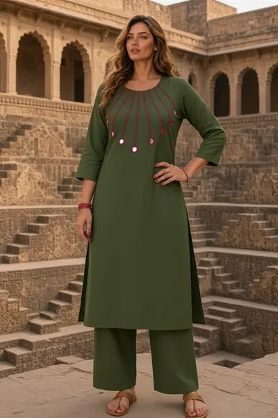 Women's Olive Mirror Work Cotton Kurti Set