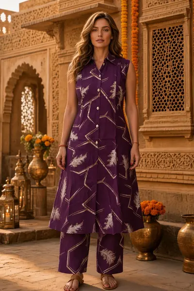 Women's Purple Geometric Print Kurti Set