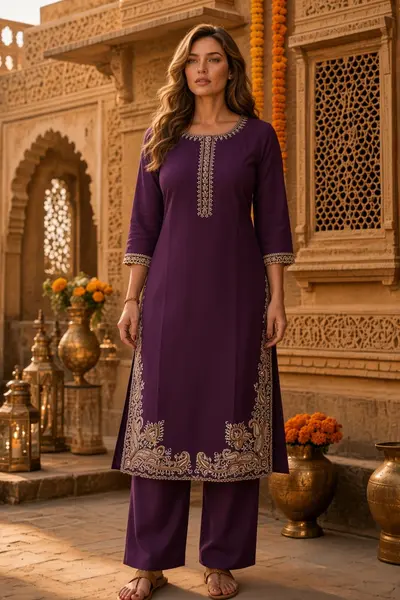 Women's Wine Paisley Hem Kurti Set