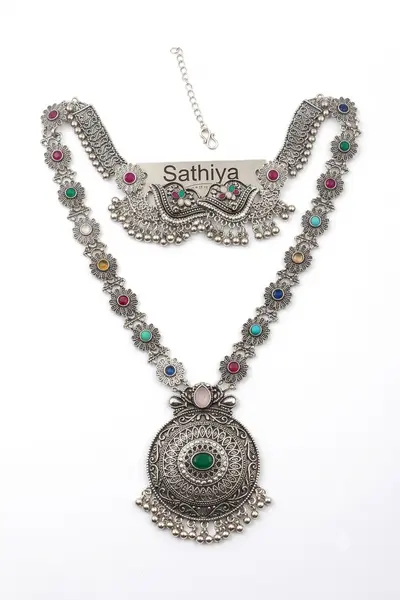 Women's Oxidised Floral Pendant Long Necklace Set