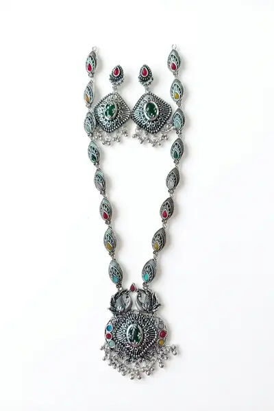 Women's Oxidised Peacock Pendant Long Necklace Set with Earrings