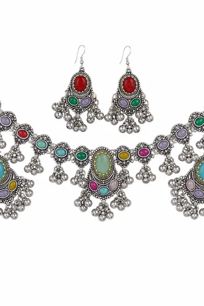 Women's Oxidised Multicolour Drop Choker Set with Earrings