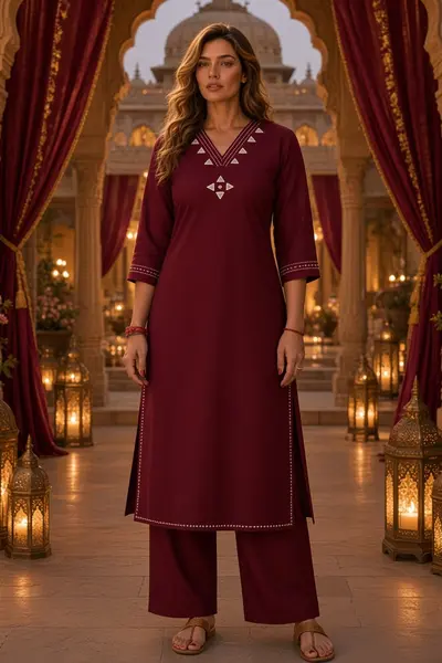 Women's Maroon Stitch Cotton Kurti Set