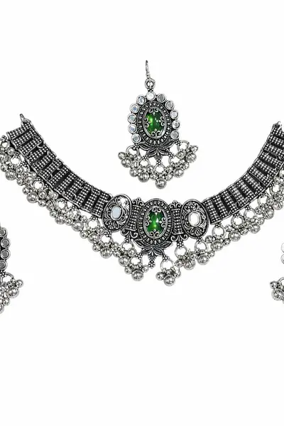 Women's Oxidised Green Mirror Choker Set with Earrings