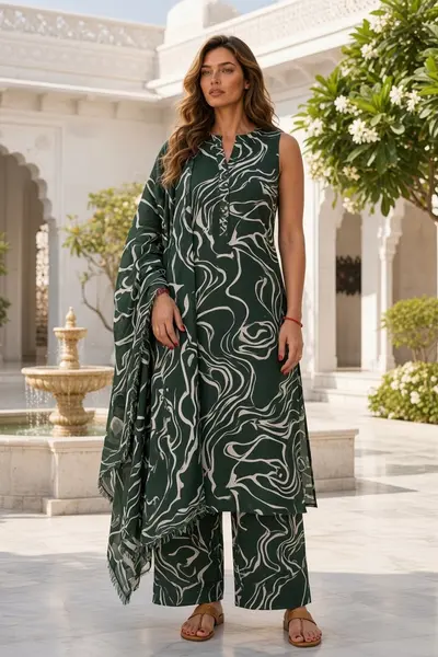 Women's Green Marble Cotton Kurti Set
