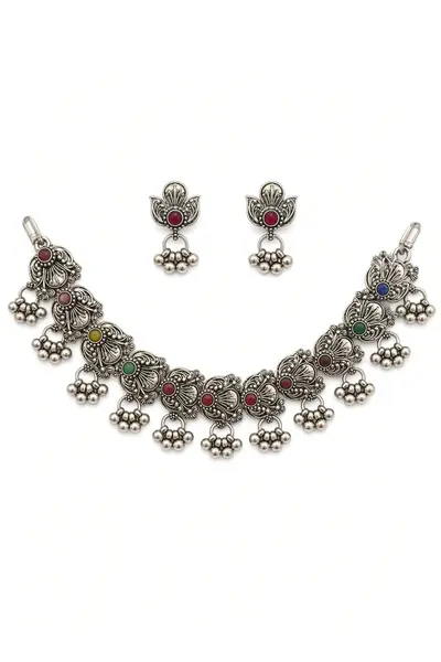 Women's Oxidised Floral Necklace Set with Matching Earrings