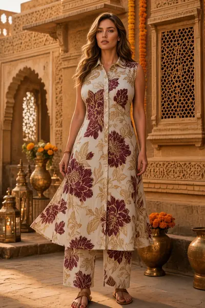 Women's Beige and Wine Floral Kurti Set