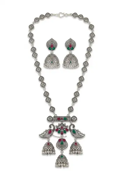 Women's Oxidised Peacock Jhumka Long Necklace Set with Earrings