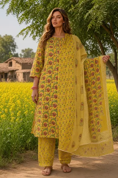 Women's Yellow Floral Cotton Kurti Set