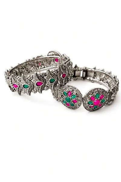 Women's Oxidised Pink and Green Stone Kada Pair