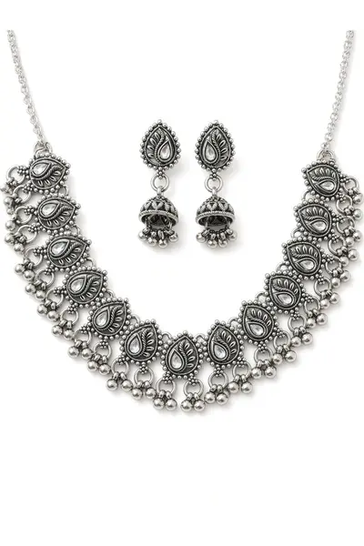 Women’s Oxidised Floral Necklace Set with Matching Earrings