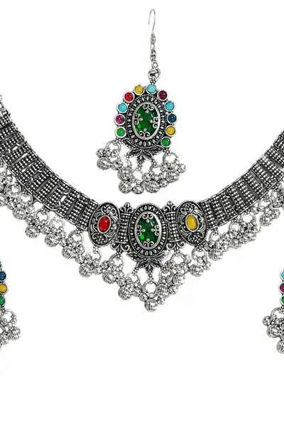 Women's Oxidised Green Multicolour Choker Set with Earrings
