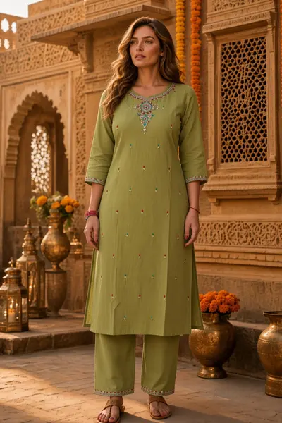 Women's Olive Embroidered Kurti Set