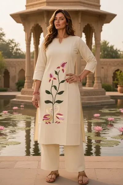 Women's Cream Swan Print Cotton Kurti Set