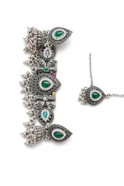 Women's Oxidised Green Teardrop Choker with Maang Tikka