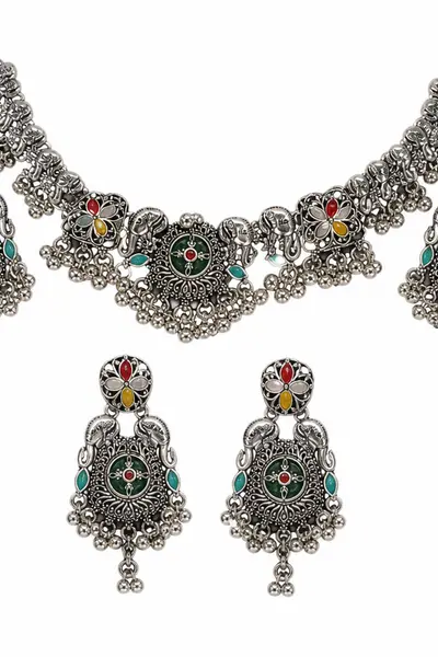 Women's Oxidised Elephant Medallion Necklace Set with Earrings