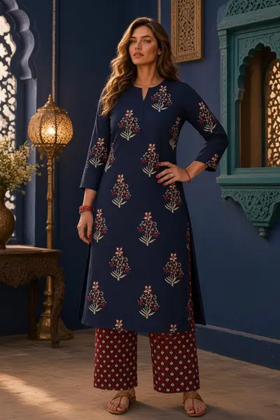 Women's Navy Floral Cotton Kurti Set - 3 Piece