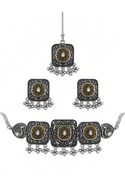 Women's Oxidised Dual-Tone Square Choker Set with Earrings
