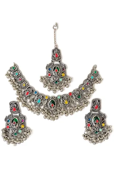Women's Oxidised Multicolour Gem Choker Set with Earrings