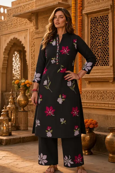 Women's Black Floral Cotton Kurti Set