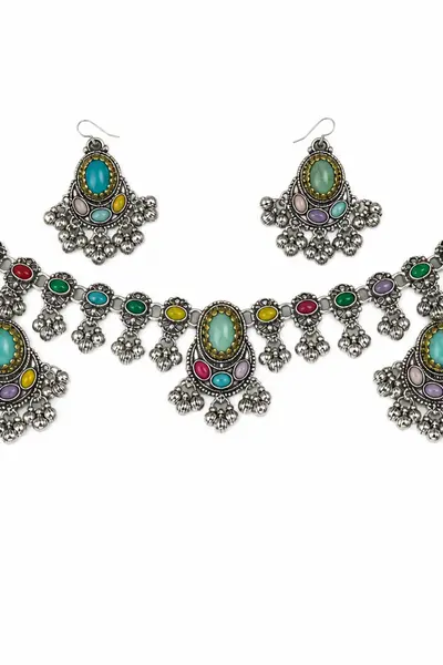 Women's Oxidised Multicolour Stone Necklace Set with Earrings