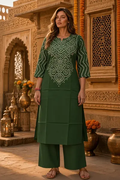 Women's Green Bandhani Cotton Kurti Set